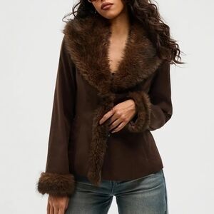 🔥NEW❗- Chic Brown Fur Trimmed Jacket Coat